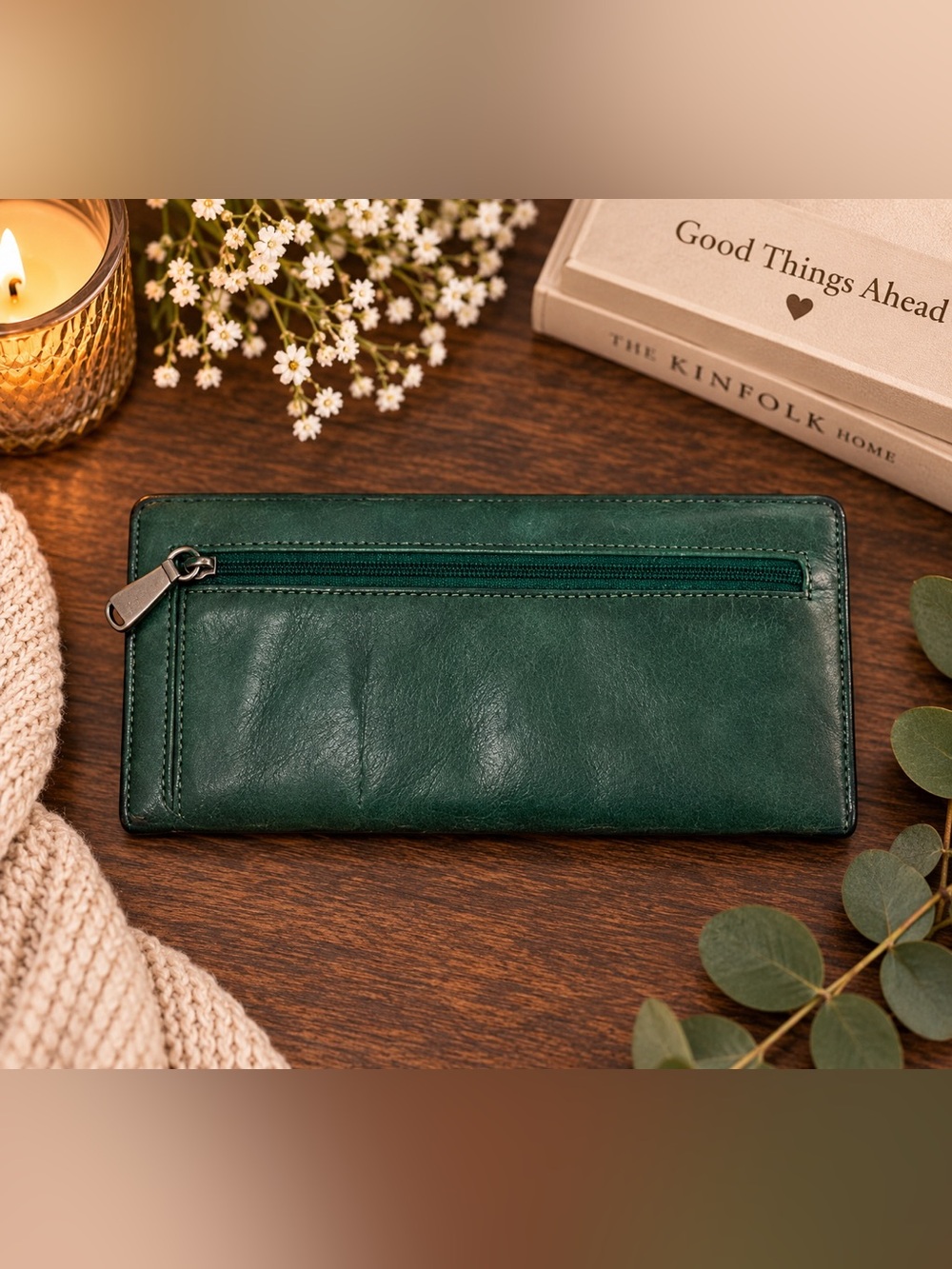 HOBO Dark Green Leather Continental Wallet with Floral Lining - Picture 4 of 4